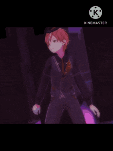 a man in a suit and top hat is dancing in front of a purple background with the letter k on it