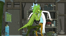 a cartoon of rick and morty in a garage with a bottle of ss gas in the background