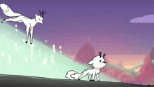 a cartoon deer and a fox are standing next to each other on a hill .