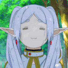 a cartoon character with white hair and ears is smiling with her eyes closed