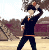 a man in a suit is standing in a park