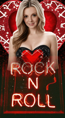 a woman in a strapless top stands in front of a sign that says rock n roll