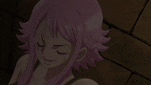 a girl with pink hair is smiling in front of a brown wall
