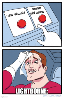 a cartoon of a man pressing a button that says lightborne