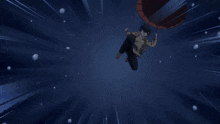 a cartoon character is holding an umbrella while flying in the air