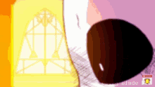 a cartoon of a person standing in front of a window that says ' blade ' on it