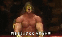 a muscular man is sitting in a boxing ring with his mouth open and screaming .