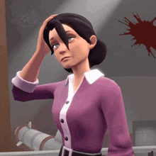 a woman in a purple shirt is holding her hand to her head