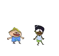 a couple of cartoon characters are standing next to each other .