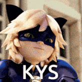 a close up of a cartoon character with the word kys on his face
