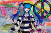 a girl with blue hair is standing in front of a peace sign and the words " what 's powder "