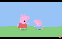 two peppa pigs standing next to each other in a field