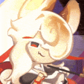 a close up of a cartoon character with long white hair holding a sword .