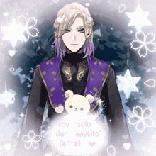 a boy with purple hair is surrounded by flowers and stars and says soy solo de xaysito