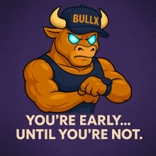 a bull wearing a hat that says bullyx looks at his watch