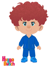 a cartoon illustration of a boy with red curly hair and the words hugga bunch behind him