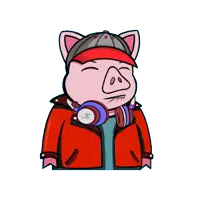 a cartoon pig is wearing headphones and a red jacket