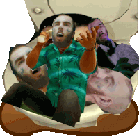 a man in a green shirt is sitting on a toilet surrounded by other men