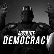 a poster for absolute democracy features a man in a futuristic suit