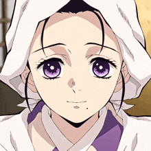 a girl with purple eyes is wearing a white hood