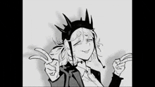 a black and white drawing of a girl wearing a crown and giving a peace sign .