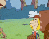 a cartoon character is standing in a field with a wagon in the background