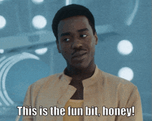 a man says " this is the fun bit honey " in front of a blue background