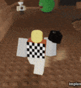 a video game character with a checkered shirt and a black cube in his hand