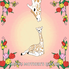 a happy mother 's day greeting card with a giraffe and her baby