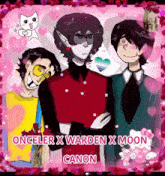 a group of three anime characters are standing next to each other on a pink background with hearts .