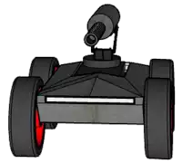a drawing of a robot with red wheels and a cannon on top