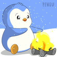 a penguin is sitting next to a campfire with the word pengu on the bottom right