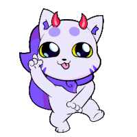 a cartoon drawing of a cat with red horns and a purple tail