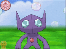 a purple monster in a video game is surrounded by soap bubbles