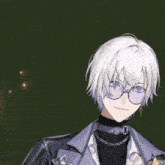 a boy with white hair and glasses is wearing a black turtleneck and a jacket .