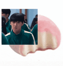 a picture of a boy in a green jacket next to a picture of a pink jellyfish .