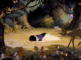 a cartoon of snow white laying on the ground in a forest