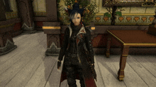 a woman in a black and red outfit stands in a room