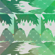 a pixel art of a boy with green eyes and a green background
