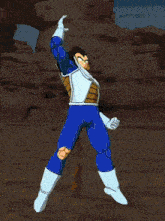 a cartoon character in a blue and white outfit with a tail