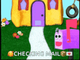a cartoon of a house with a purple door and a purple mailbox .