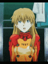 a girl in a red suit with the word test on the front