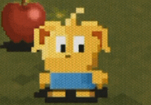 a pixel art of a dog standing next to a red apple .