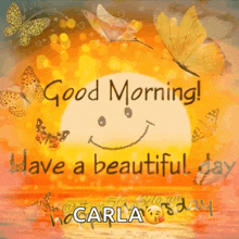 a good morning greeting card with butterflies and a smiling sun