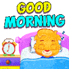 a cartoon lion is sleeping in a bed with the words good morning written above it
