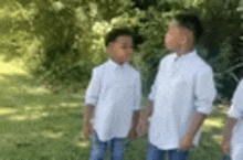 three young boys are standing in the grass holding hands and talking to each other .