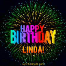 a colorful fireworks display with the words happy birthday linda in front of it