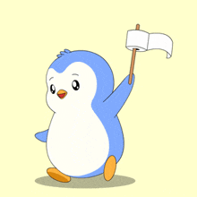 a blue and white penguin is holding a marshmallow and a flag