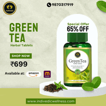 a bottle of green tea herbal tablets with a special offer of 65% off