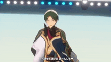a man with green hair and glasses is standing in front of a stage with japanese writing on it .